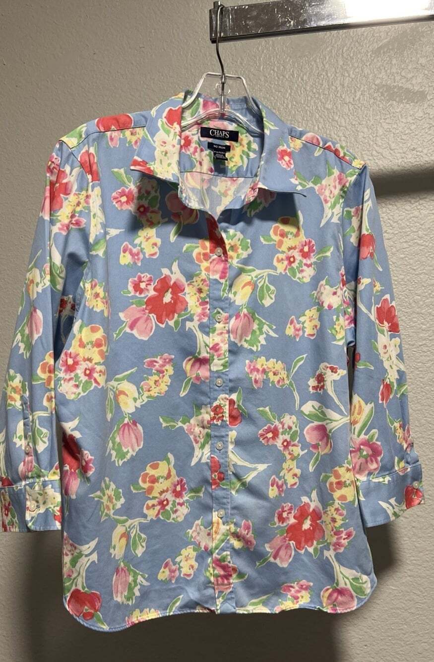 Womens Top-CHAPS by RALPH LAUREN-blue/pink floral 100% cotton button-up PXL